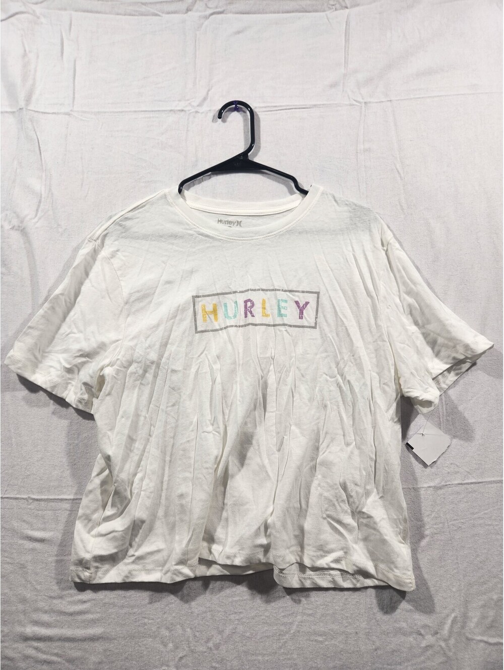 Hurley Womens White Box Logo Graphic Tee, Pastel Rainbow Letters